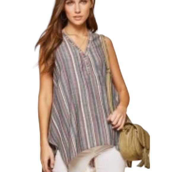 Savanna Jane denim look blue and pink striped embroidered top size small - Picture 4 of 8